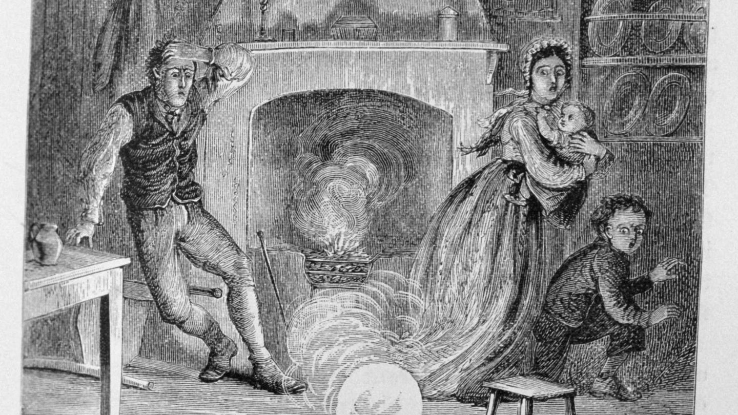 An 1886 engraving captioned "Globe of Fire Descending into a Room", showing a bright glowing sphere drifting just above the floor of a panelled parlour