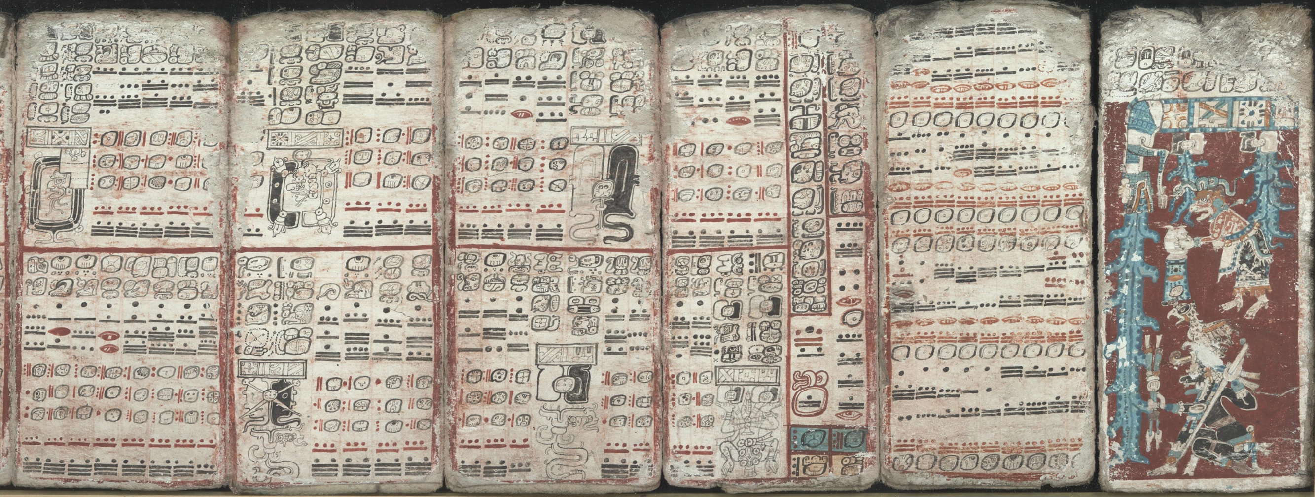 A composite of six pages from the Dresden Codex, a pre-Columbian Maya manuscript, showing rows of bar-and-dot numeral glyphs used in eclipse and multiplication tables
