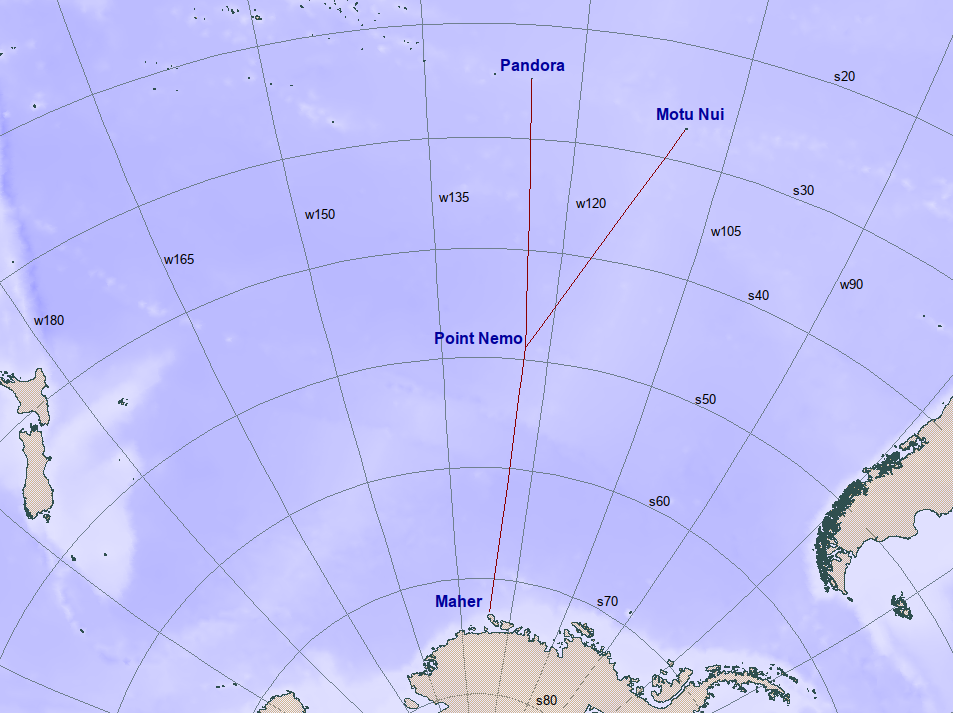 Map of the South Pacific Ocean showing Point Nemo and the three closest coastline points that define it: Ducie Island, Motu Nui, and Maher Island