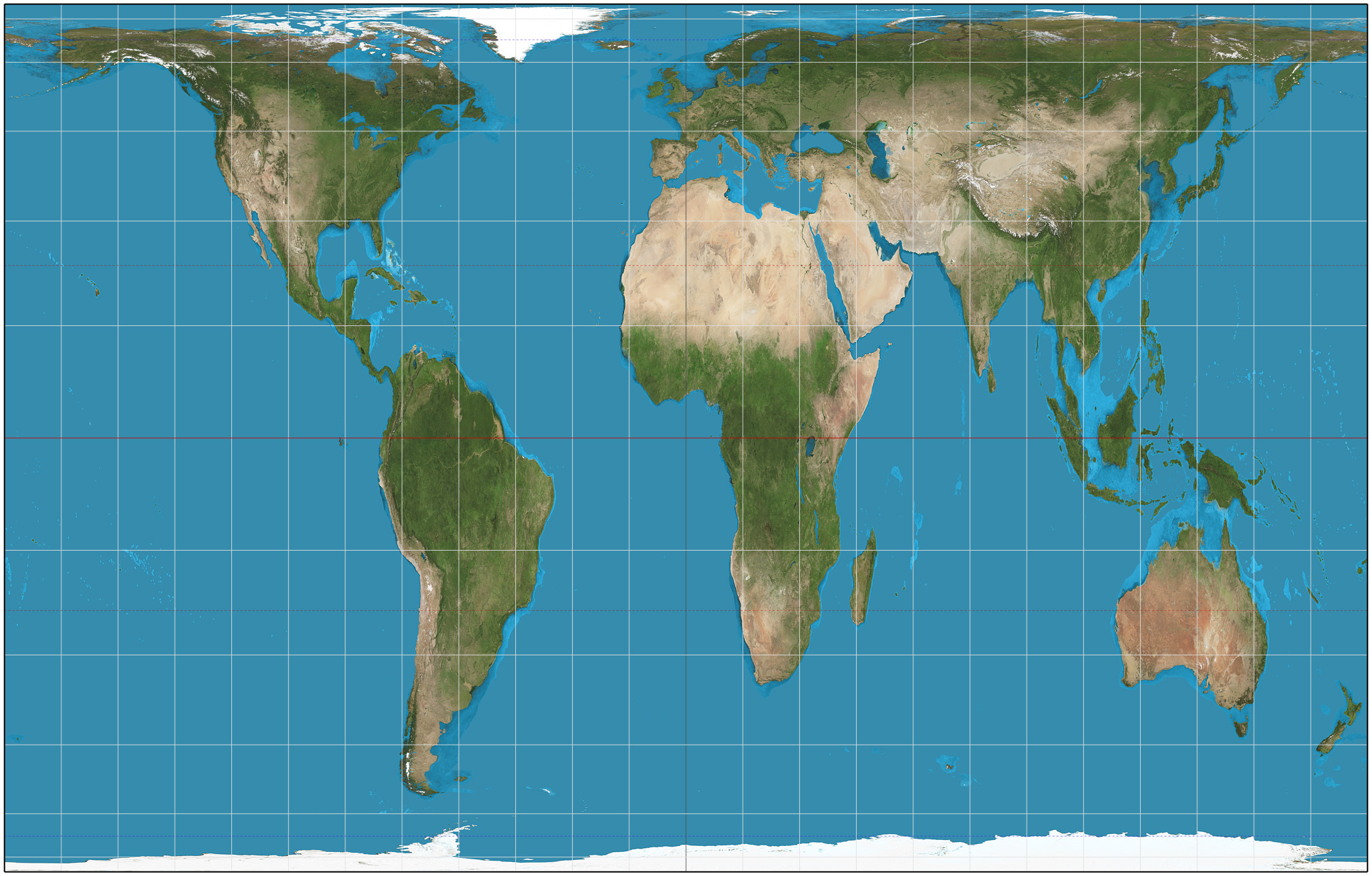 World map drawn in the Gall–Peters equal-area projection, with landmasses stretched wide near the equator and compressed vertically toward the poles