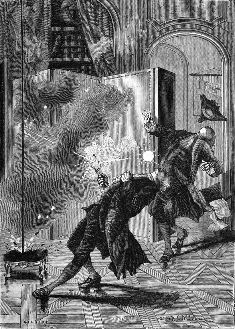 A 19th-century engraving of Georg Richmann's fatal experiment, showing a figure collapsing beside an apparatus as a discharge strikes him