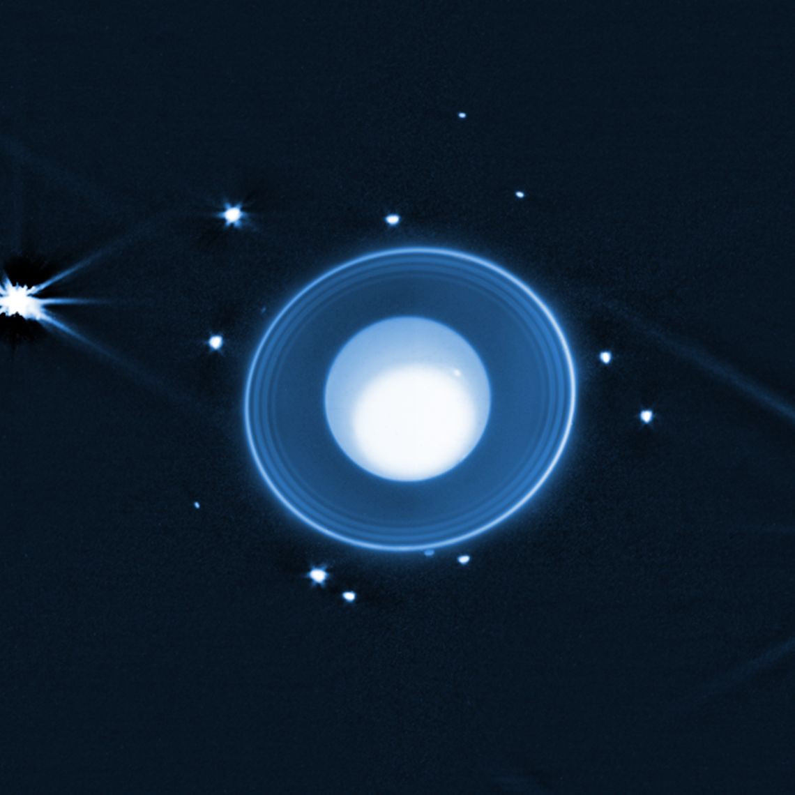 Annotated James Webb Space Telescope near-infrared image of Uranus from February 2025, marking the location of the newly discovered moon S/2025 U1 among the planet's rings