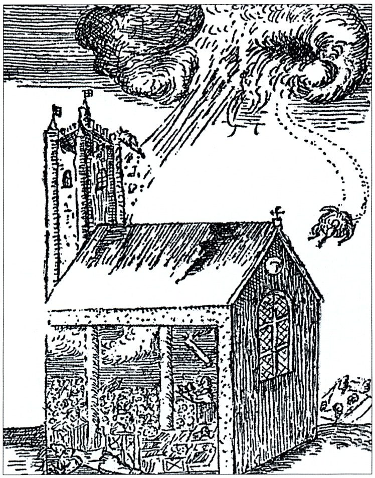 A 17th-century woodcut of the 1638 storm at Widecombe-in-the-Moor, showing a church tower struck by lightning with debris falling around the building